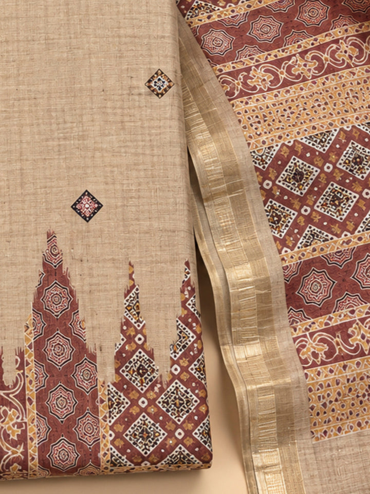 Brown Tussar Printed Unstitched Dress Material