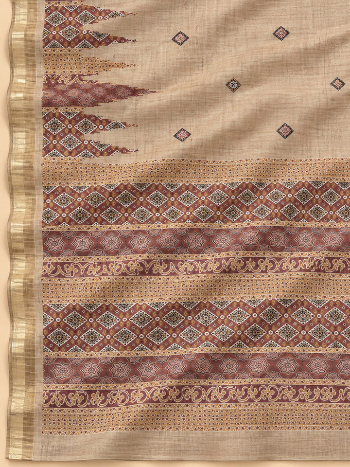 Brown Tussar Printed Unstitched Dress Material