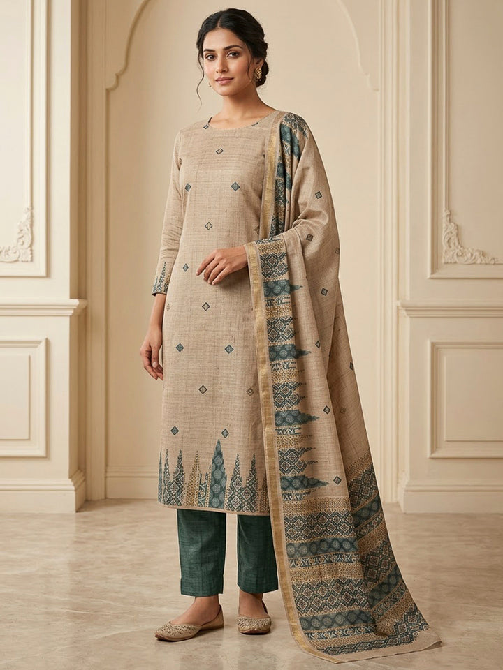 Green Tussar Printed Unstitched Dress Material