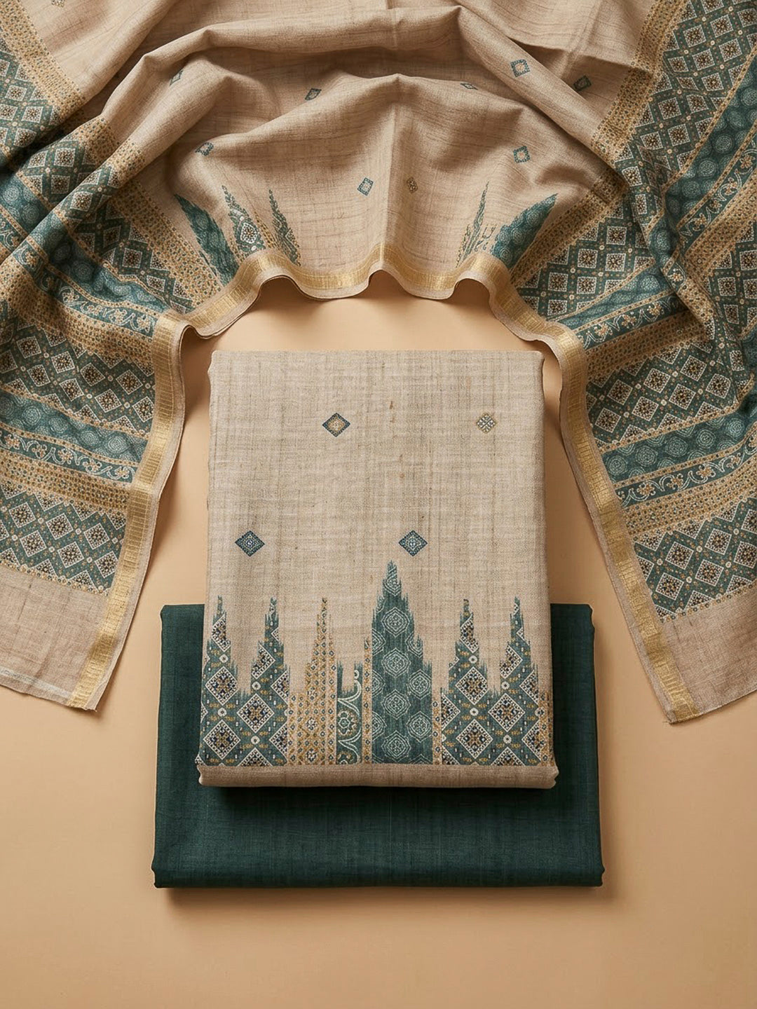 Green Tussar Printed Unstitched Dress Material