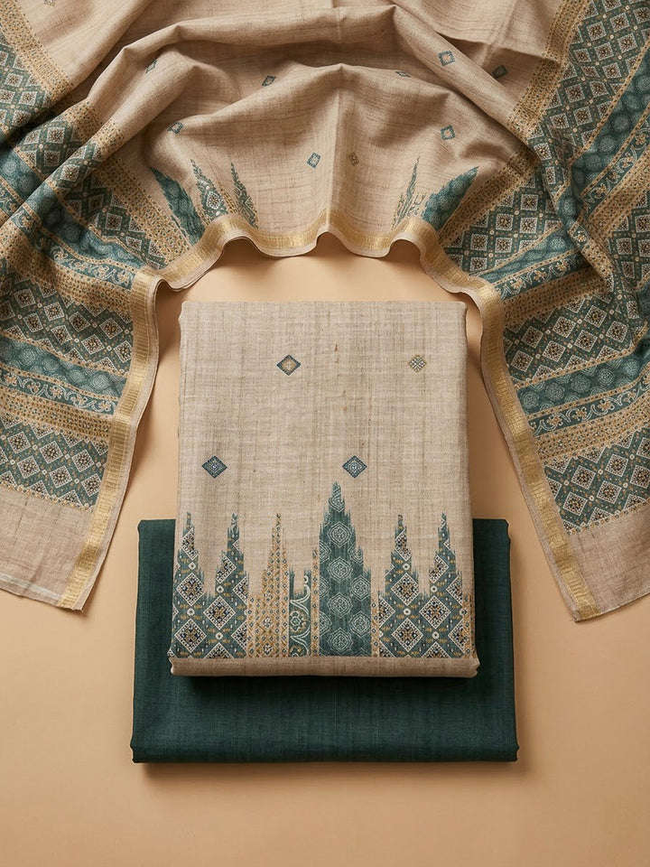 Green Tussar Printed Unstitched Dress Material