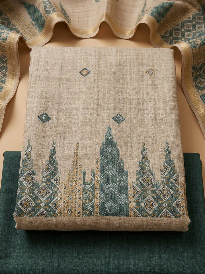 Green Tussar Printed Unstitched Dress Material