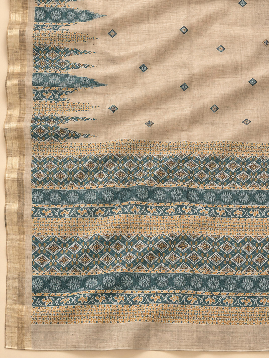 Green Tussar Printed Unstitched Dress Material