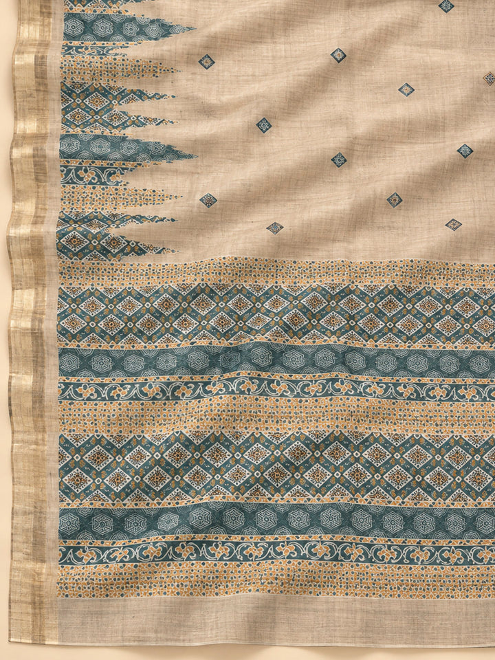 Green Tussar Printed Unstitched Dress Material