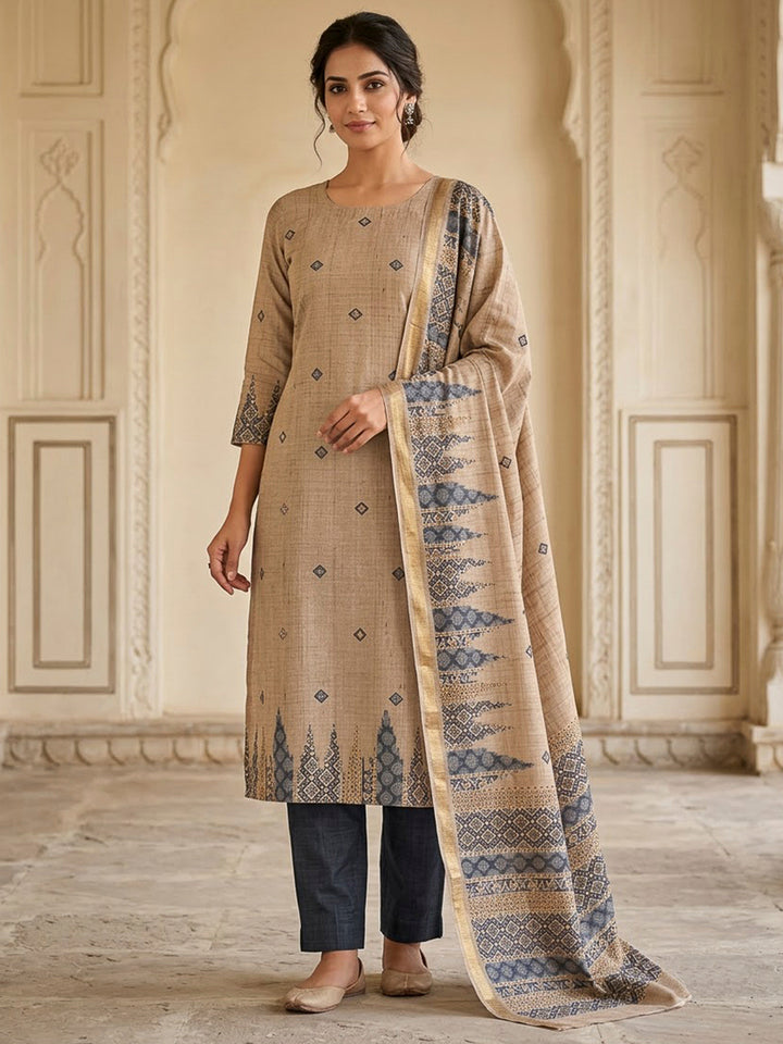 Grey Tussar Printed Unstitched Dress Material