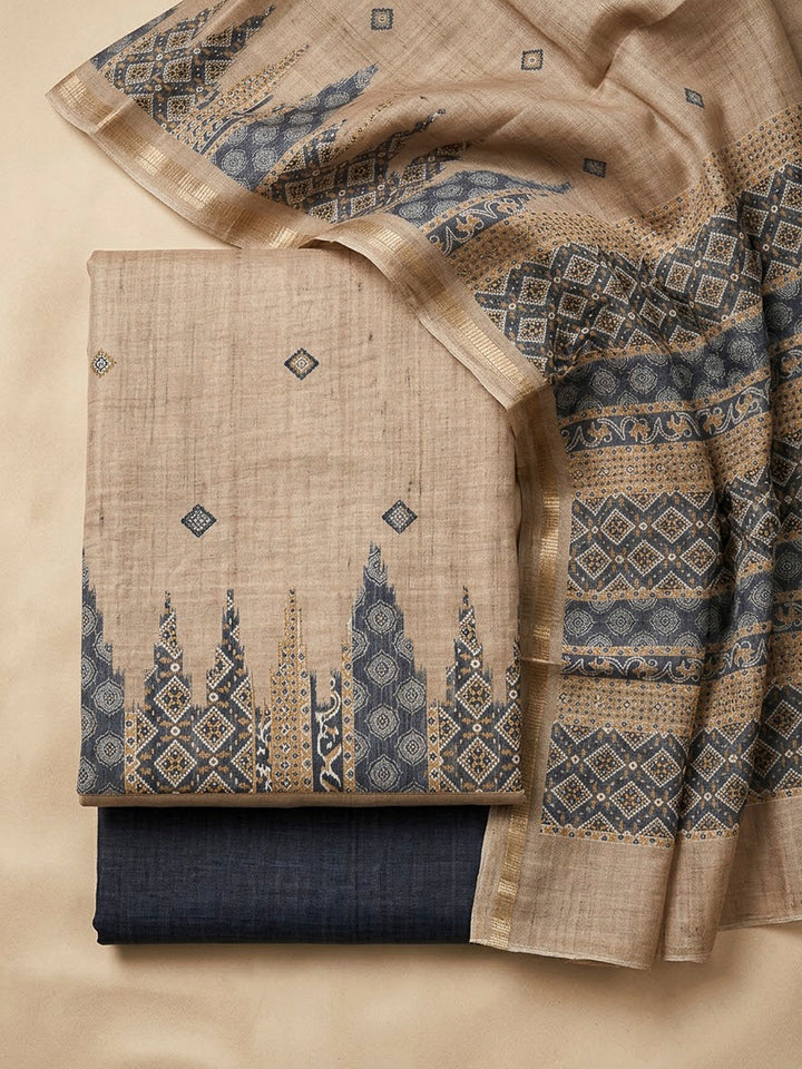 Grey Tussar Printed Unstitched Dress Material