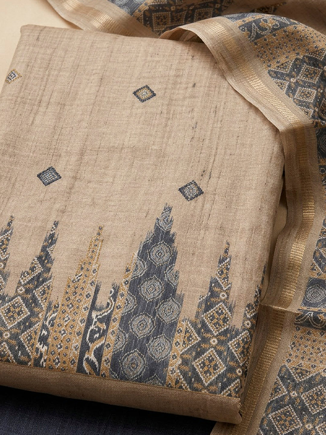 Grey Tussar Printed Unstitched Dress Material