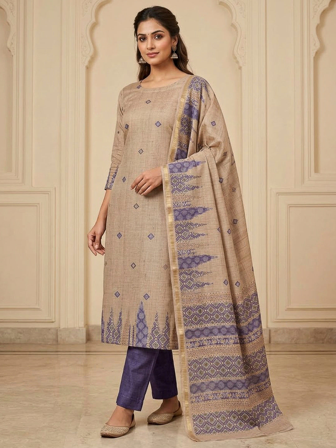 Purple Tussar Printed Unstitched Dress Material