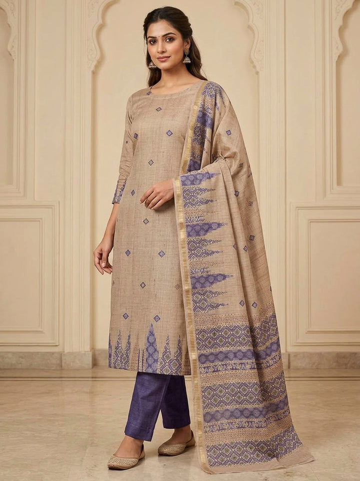 Purple Tussar Printed Unstitched Dress Material