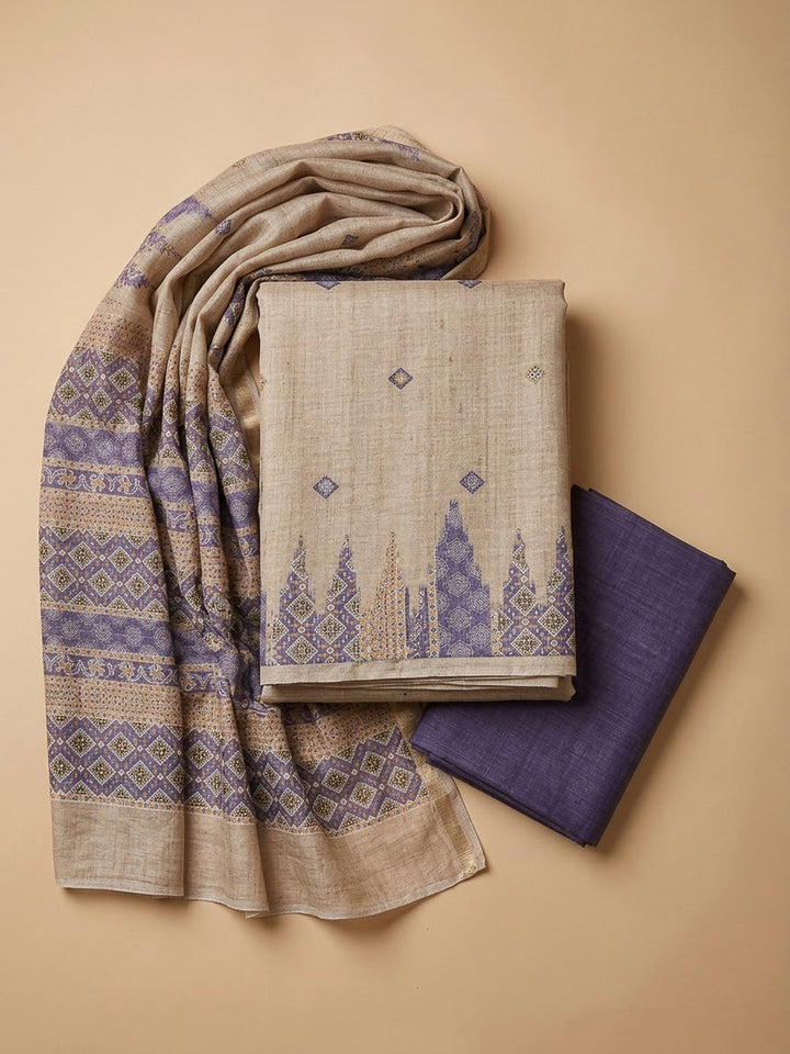 Purple Tussar Printed Unstitched Dress Material