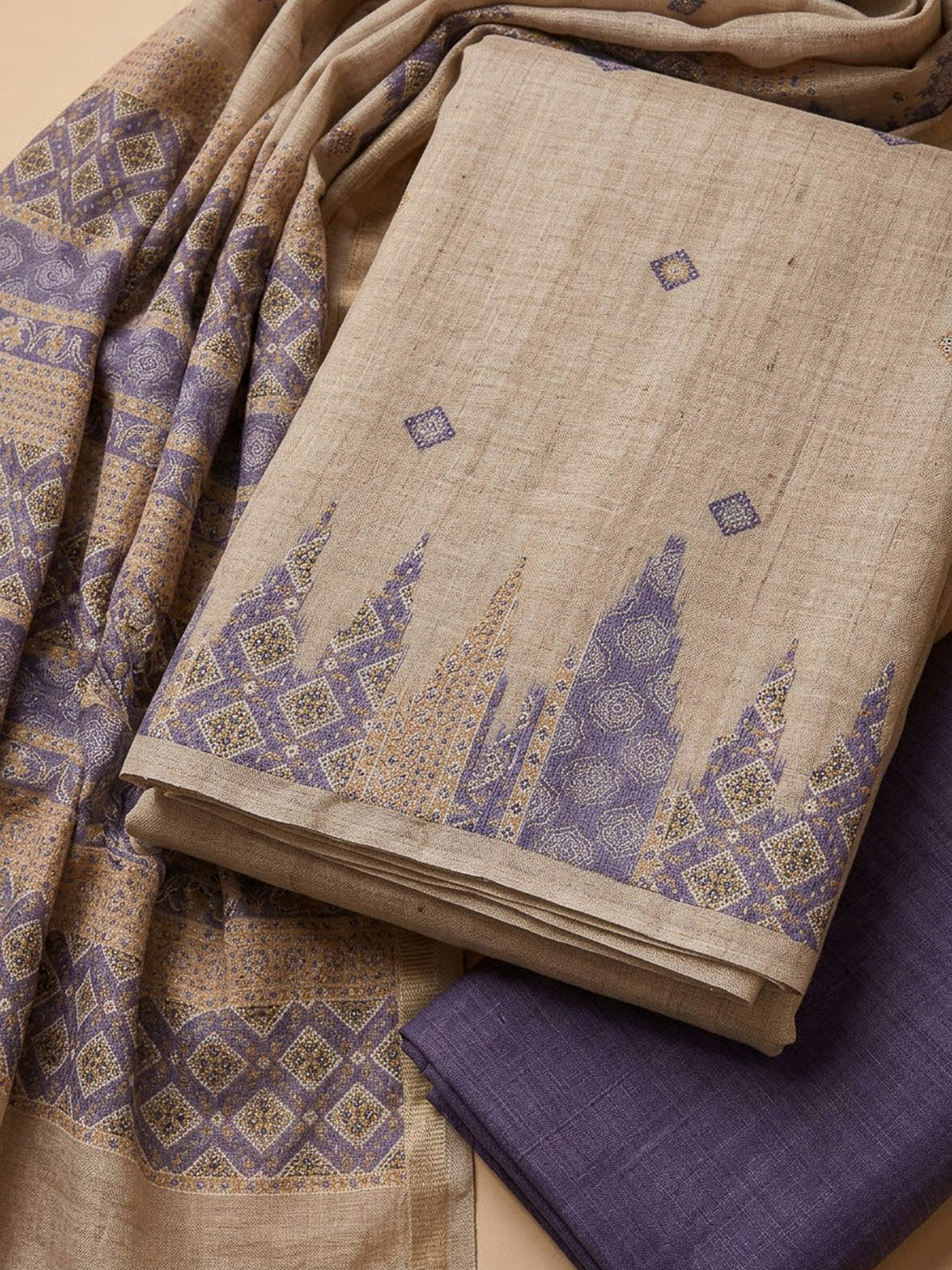 Purple Tussar Printed Unstitched Dress Material