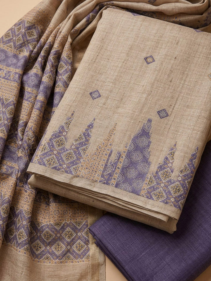 Purple Tussar Printed Unstitched Dress Material