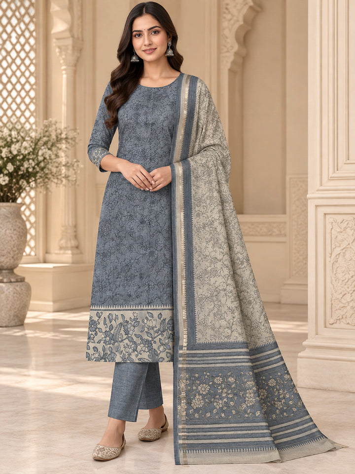 Grey Tussar Printed Unstitched Dress Material