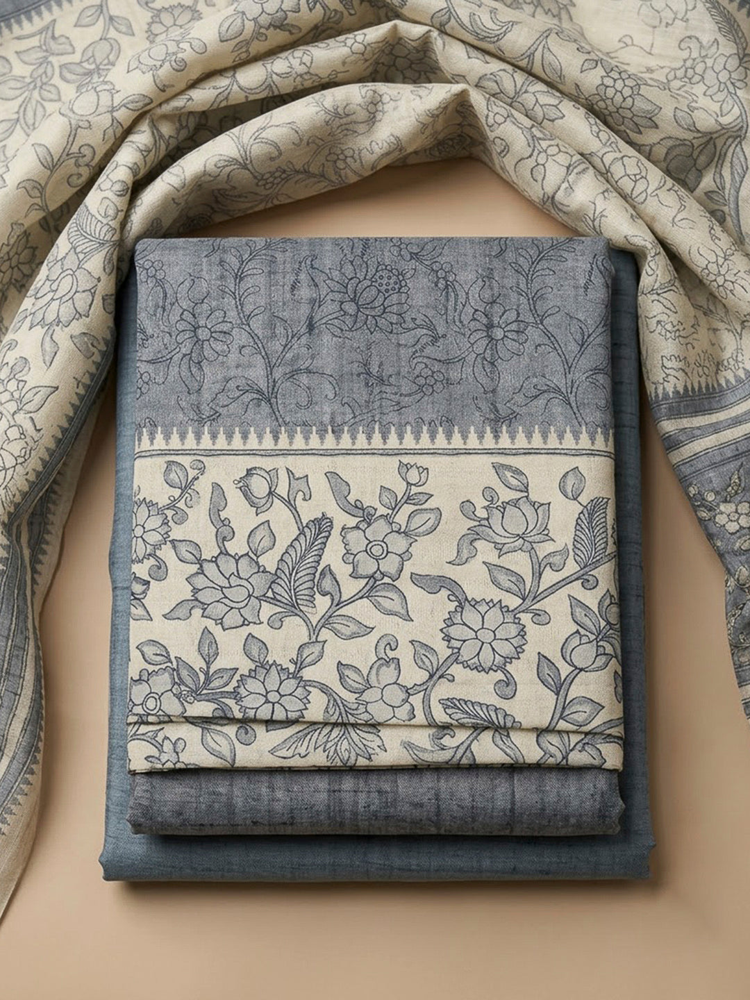 Grey Tussar Printed Unstitched Dress Material