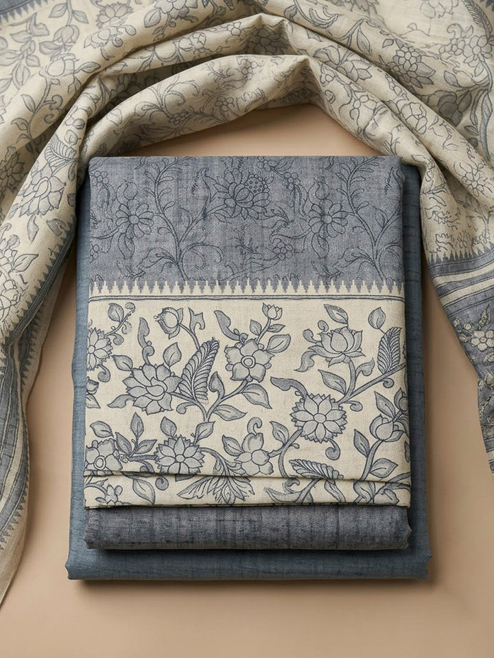 Grey Tussar Printed Unstitched Dress Material