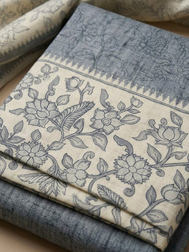 Grey Tussar Printed Unstitched Dress Material