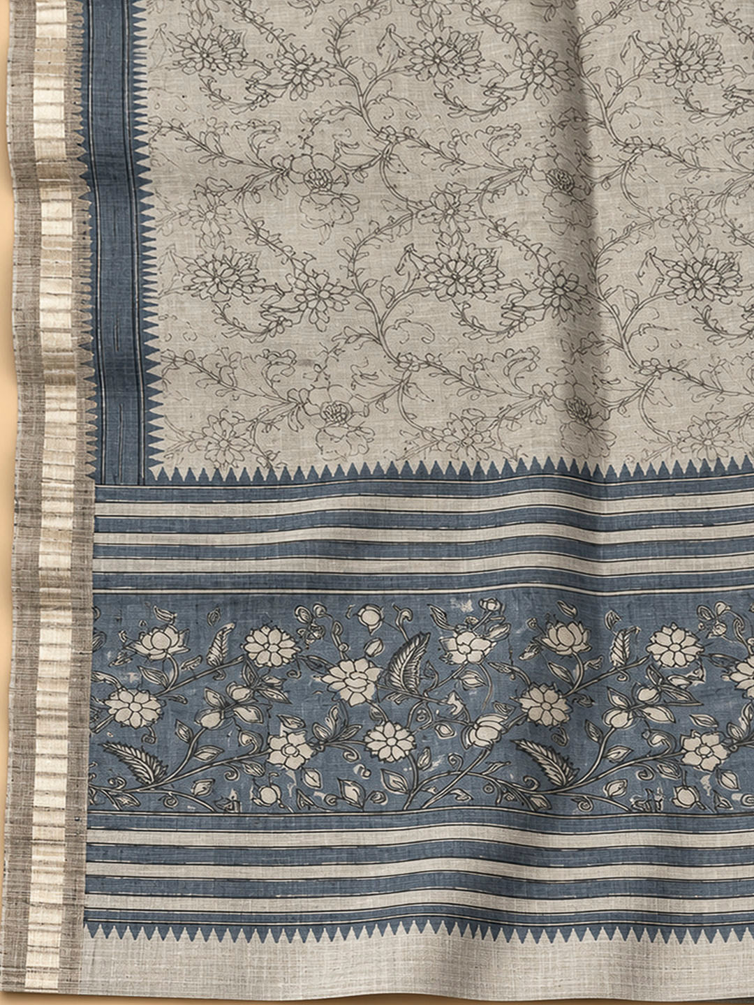 Grey Tussar Printed Unstitched Dress Material