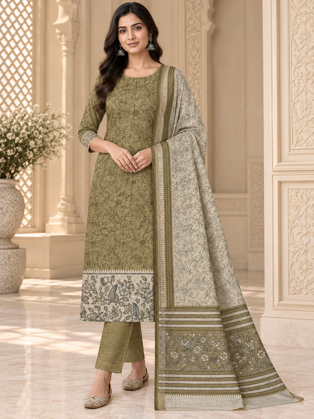Mehndi Tussar Printed Unstitched Dress Material