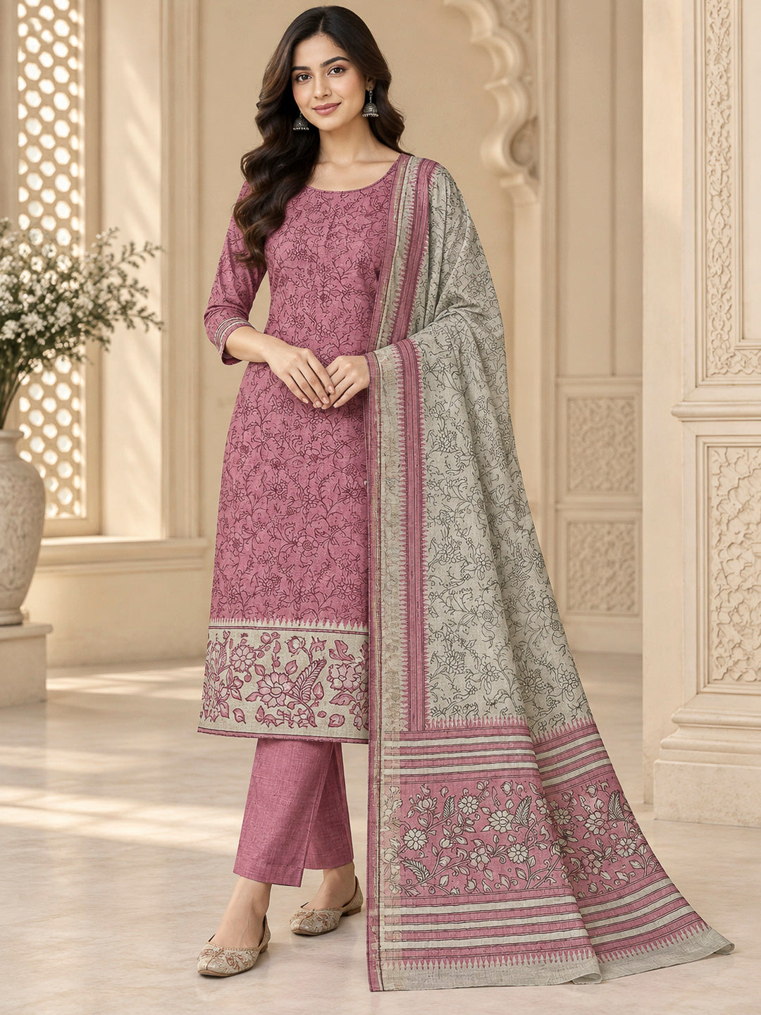 Onion Pink Tussar Printed Unstitched Dress Material