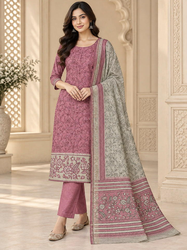 Onion Pink Tussar Printed Unstitched Dress Material