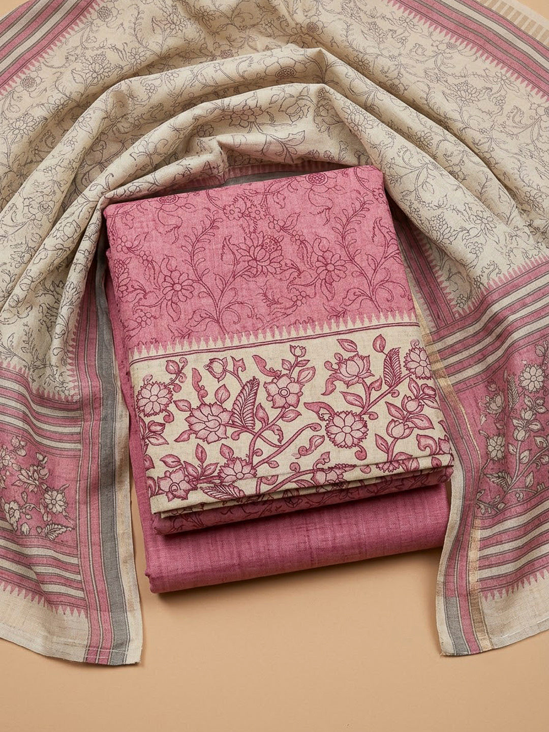 Onion Pink Tussar Printed Unstitched Dress Material