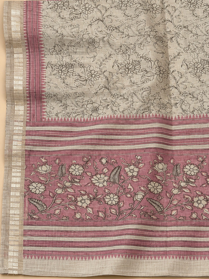 Onion Pink Tussar Printed Unstitched Dress Material