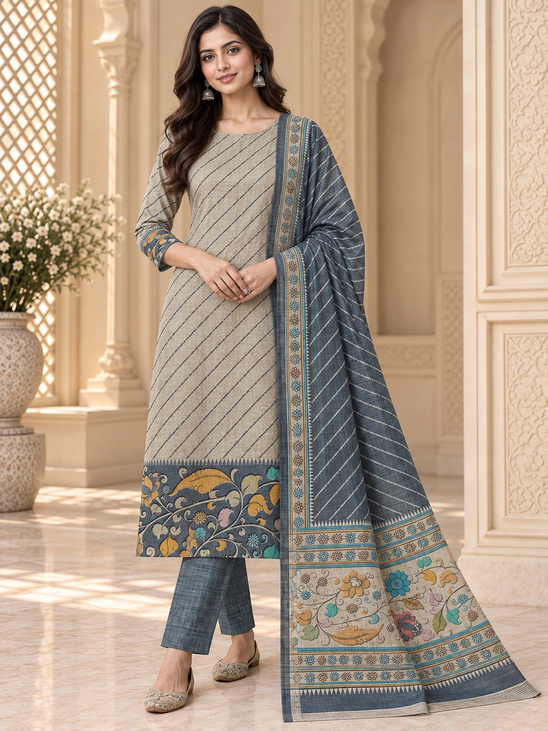 Grey Tussar Printed Unstitched Dress Material