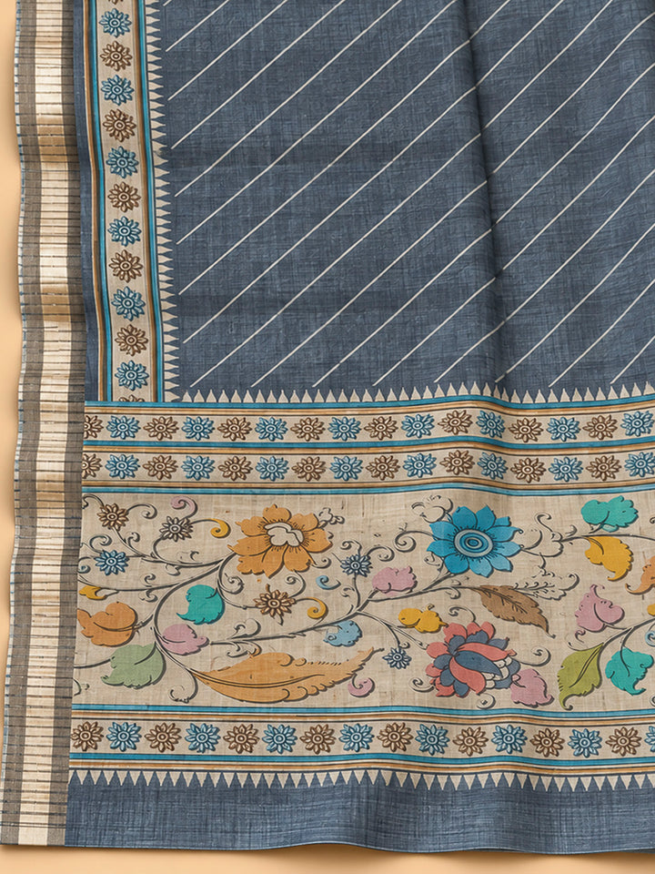 Grey Tussar Printed Unstitched Dress Material
