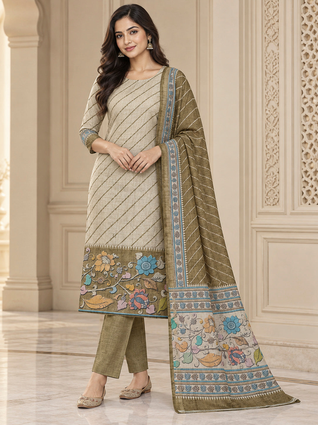 Mehndi Tussar Printed Unstitched Dress Material