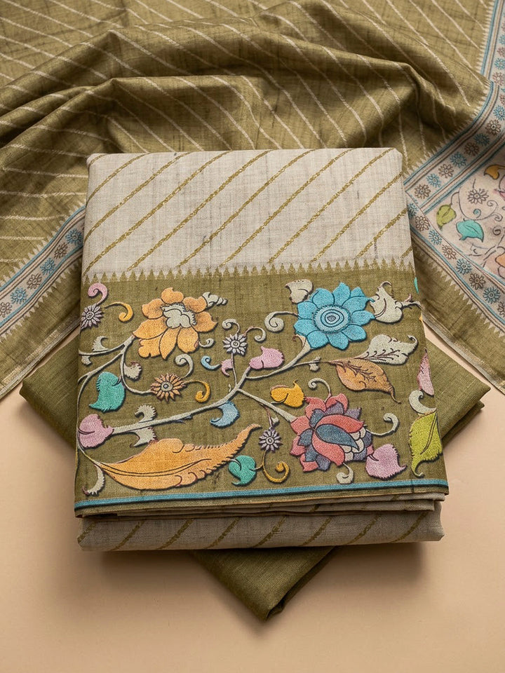 Mehndi Tussar Printed Unstitched Dress Material
