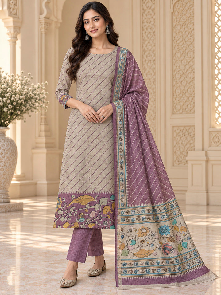 Purple Tussar Printed Unstitched Dress Material