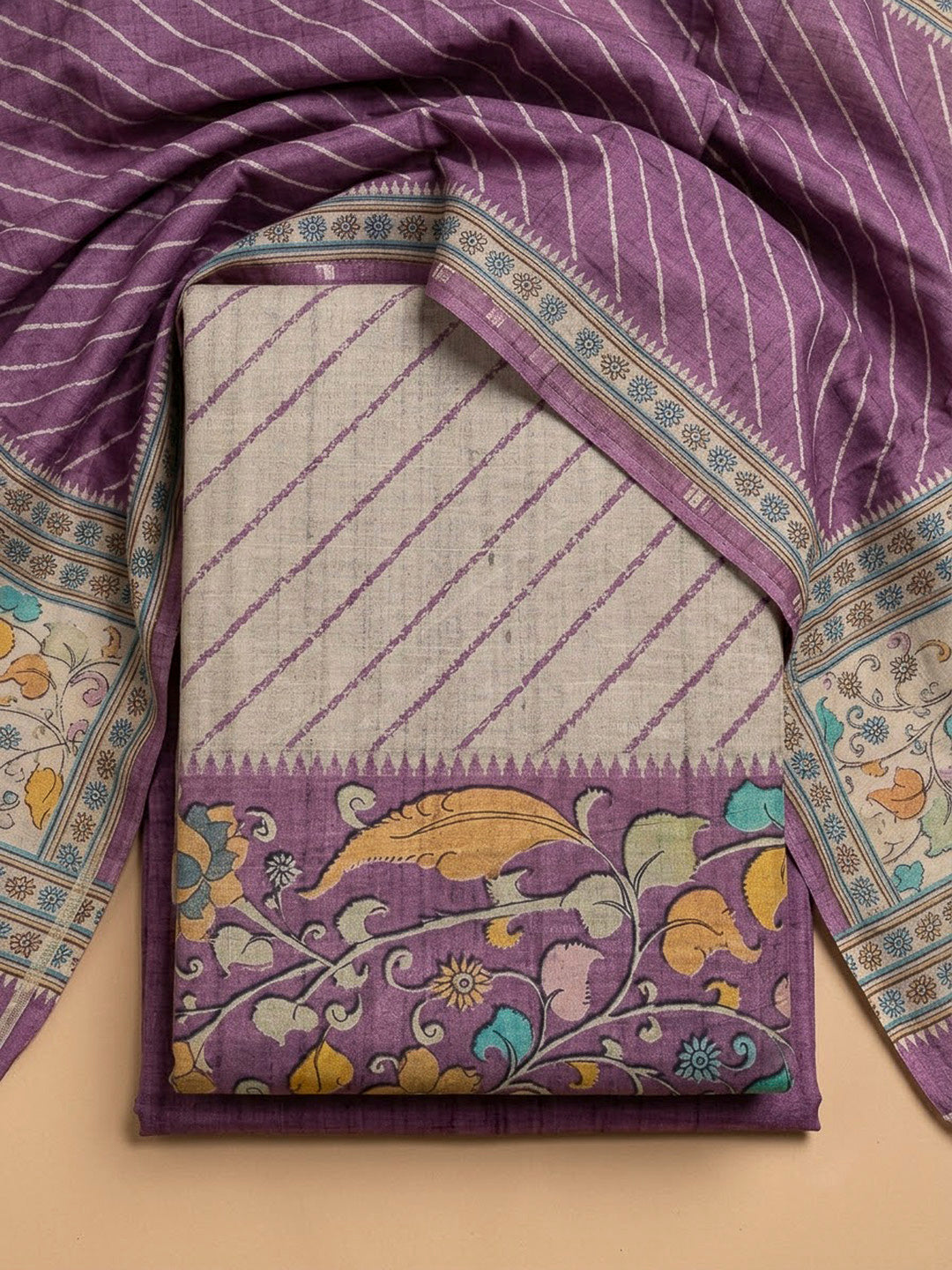 Purple Tussar Printed Unstitched Dress Material