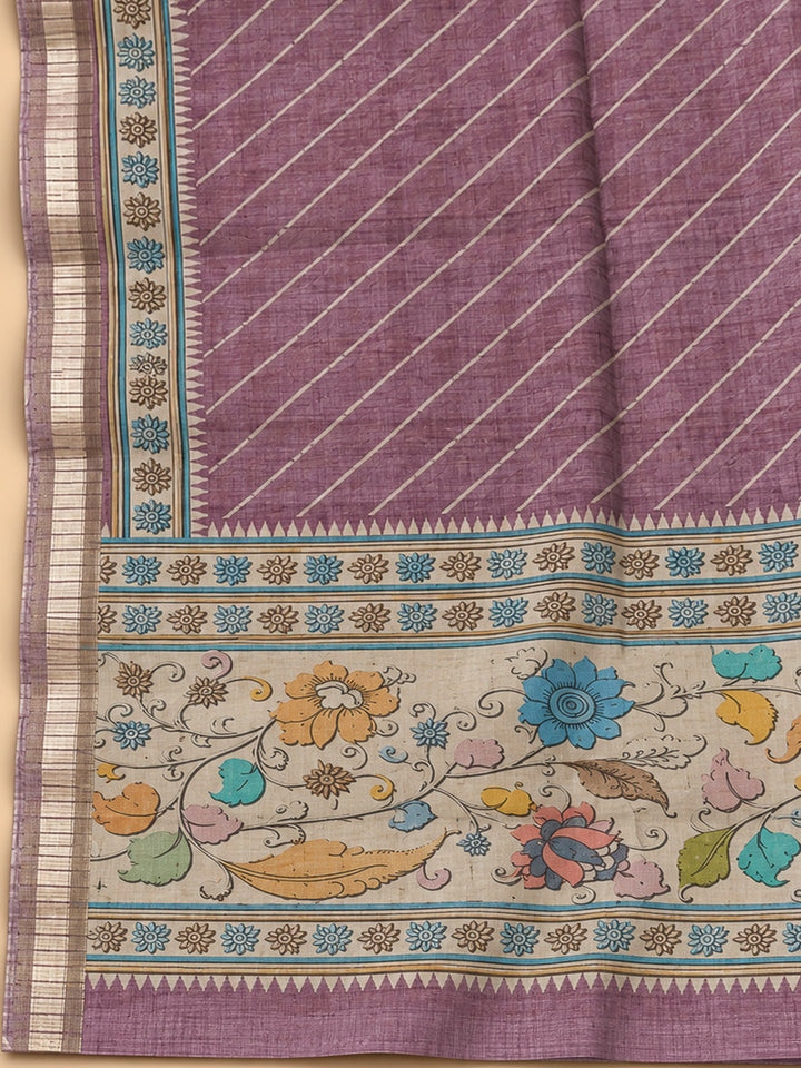 Purple Tussar Printed Unstitched Dress Material