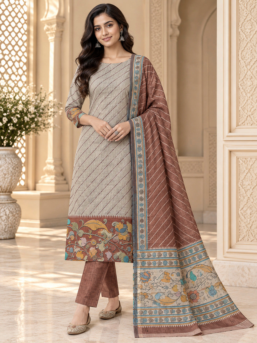 Rust Tussar Printed Unstitched Dress Material