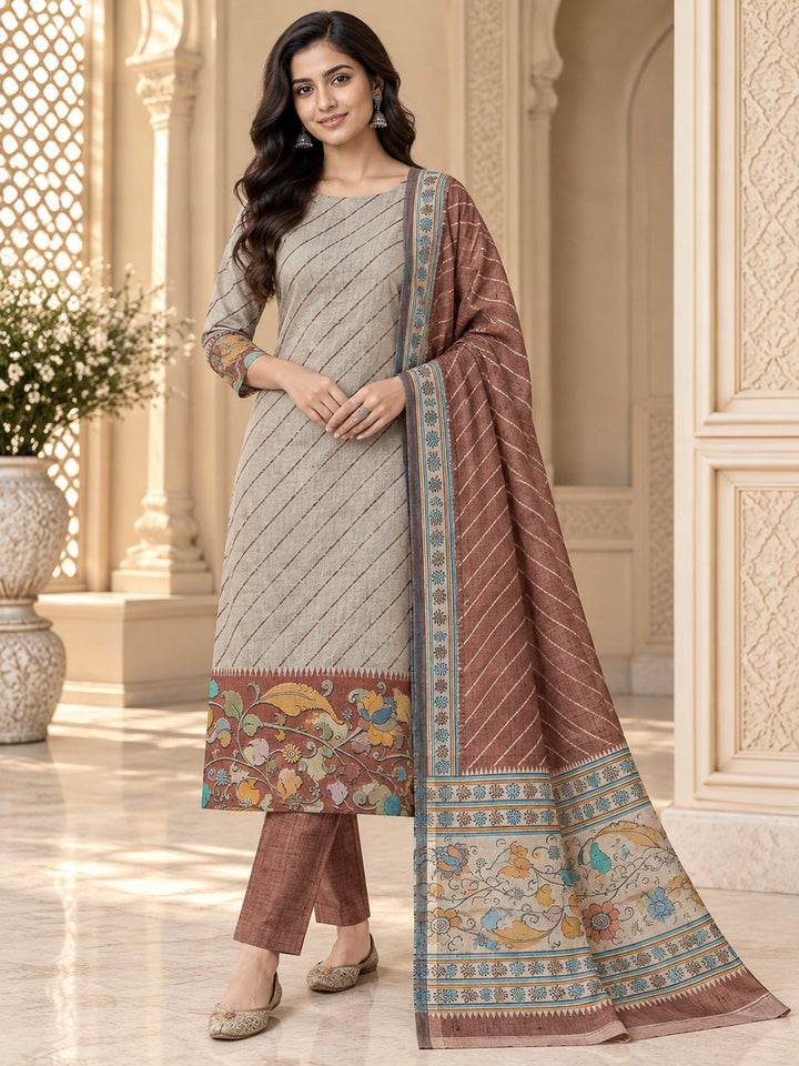 Rust Tussar Printed Unstitched Dress Material