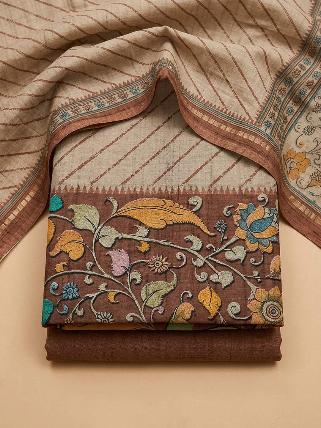 Rust Tussar Printed Unstitched Dress Material