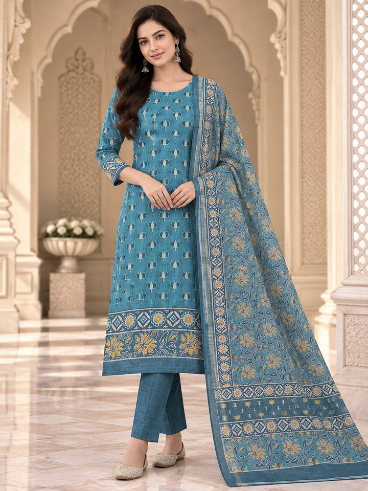 Blue Tussar Printed Unstitched Dress Material
