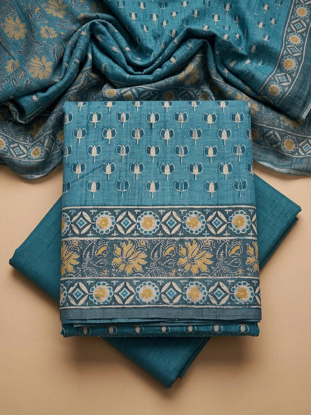 Blue Tussar Printed Unstitched Dress Material