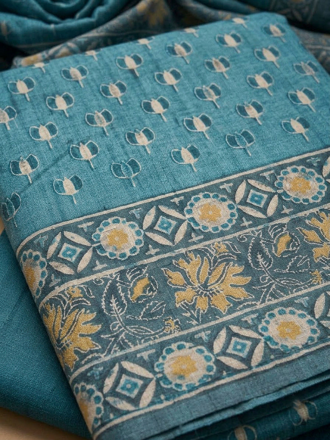 Blue Tussar Printed Unstitched Dress Material