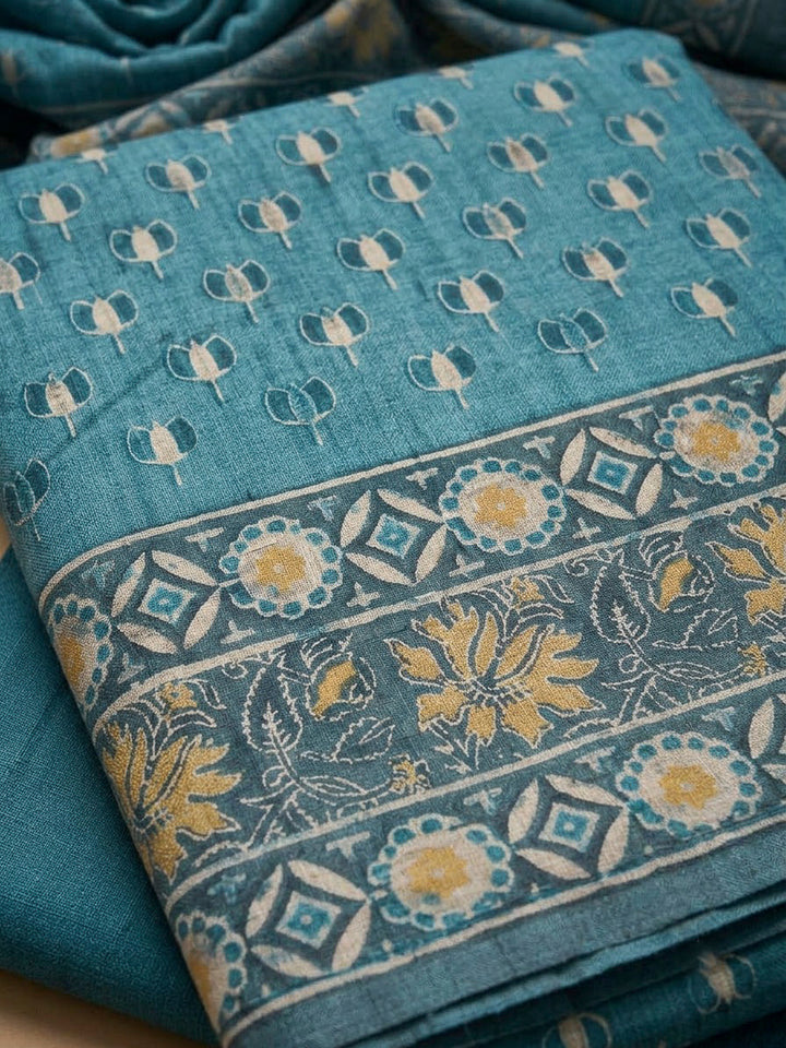 Blue Tussar Printed Unstitched Dress Material