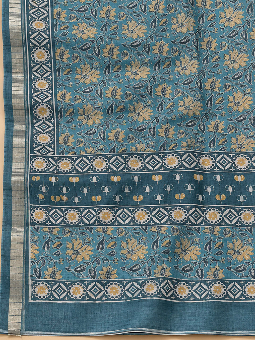 Blue Tussar Printed Unstitched Dress Material