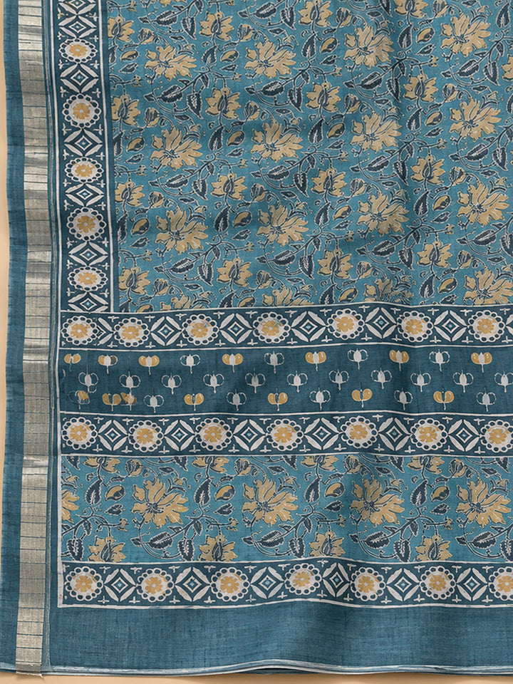 Blue Tussar Printed Unstitched Dress Material