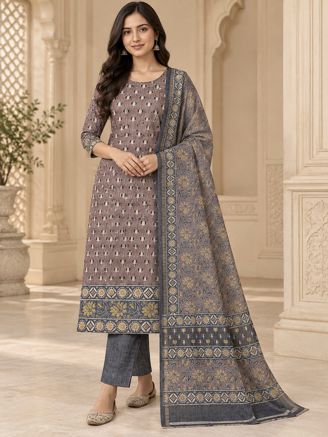 Brown Tussar Printed Unstitched Dress Material