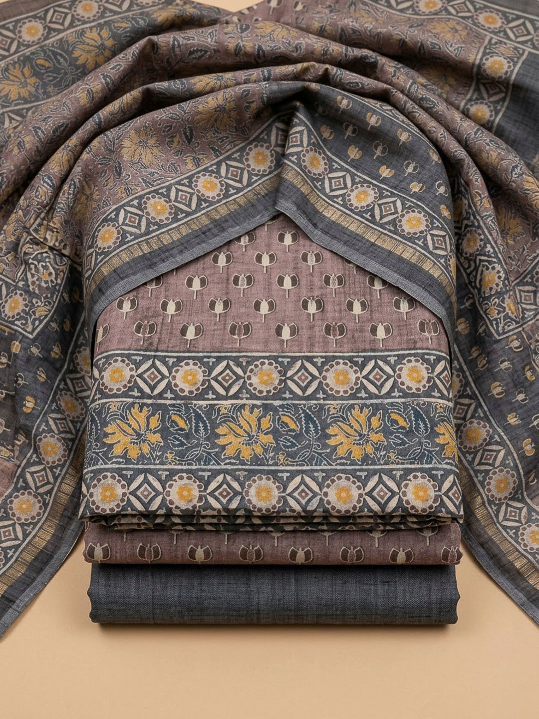 Brown Tussar Printed Unstitched Dress Material