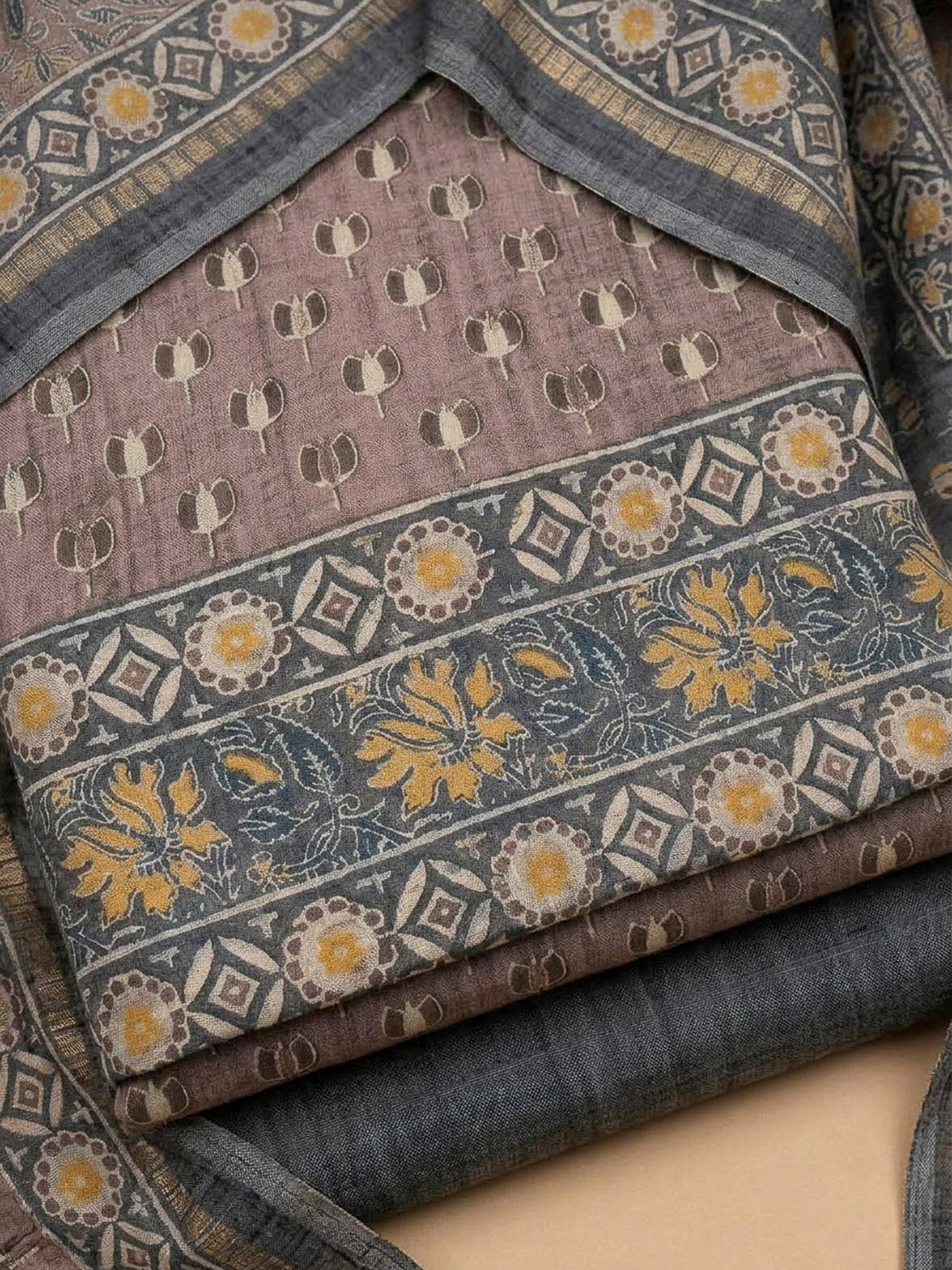 Brown Tussar Printed Unstitched Dress Material