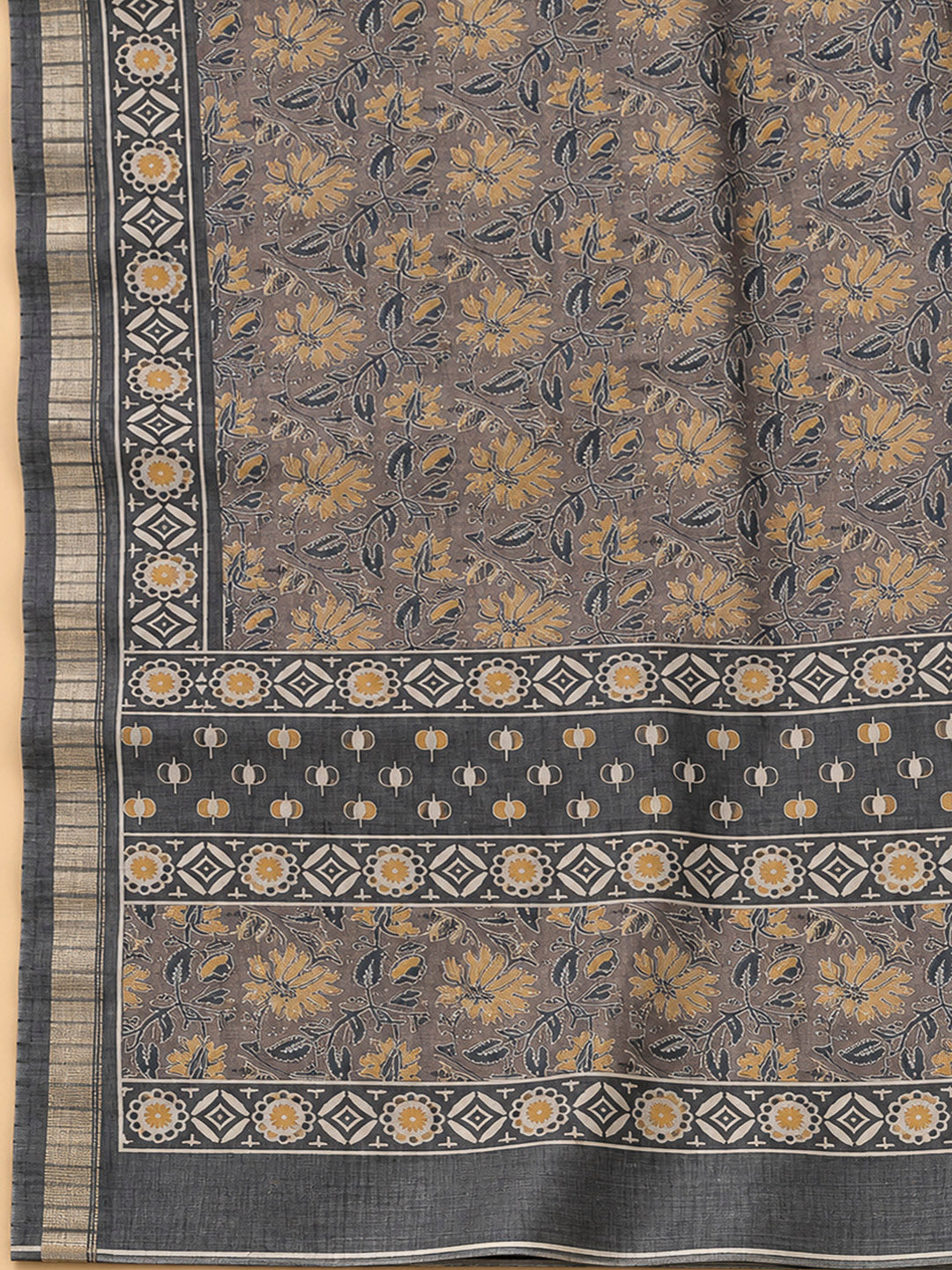 Brown Tussar Printed Unstitched Dress Material
