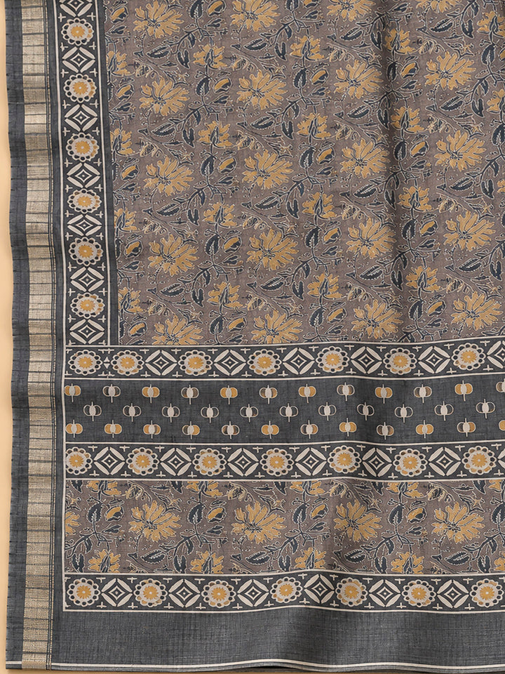 Brown Tussar Printed Unstitched Dress Material
