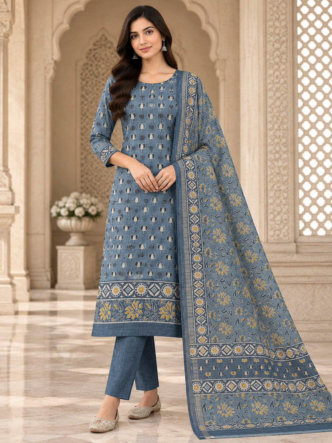 Grey Tussar Printed Unstitched Dress Material
