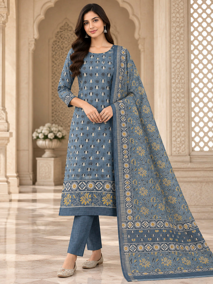 Grey Tussar Printed Unstitched Dress Material