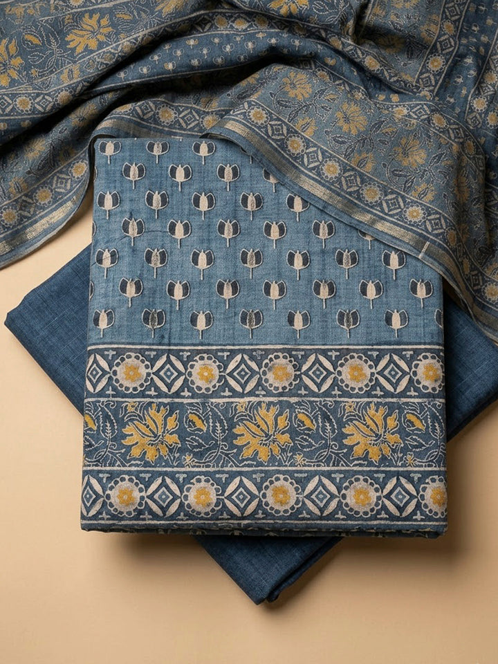 Grey Tussar Printed Unstitched Dress Material